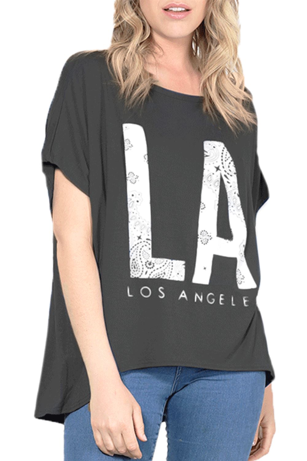 Ladies Los Angeles Off Shoulder Bardot Baggy T Shirt Women Batwing Lagenlook Top - Picture 11 of 65