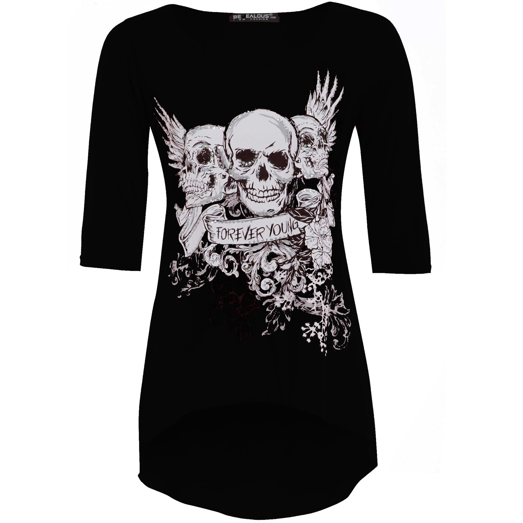 Ladies Halloween Womens Skull Forever Young Print 3/4 Sleeve Dip Hem Hi Lo Top Ladies Halloween Womens Skull Forever Young Print 3/4 Sleeve Dip Hem Hi Lo Top