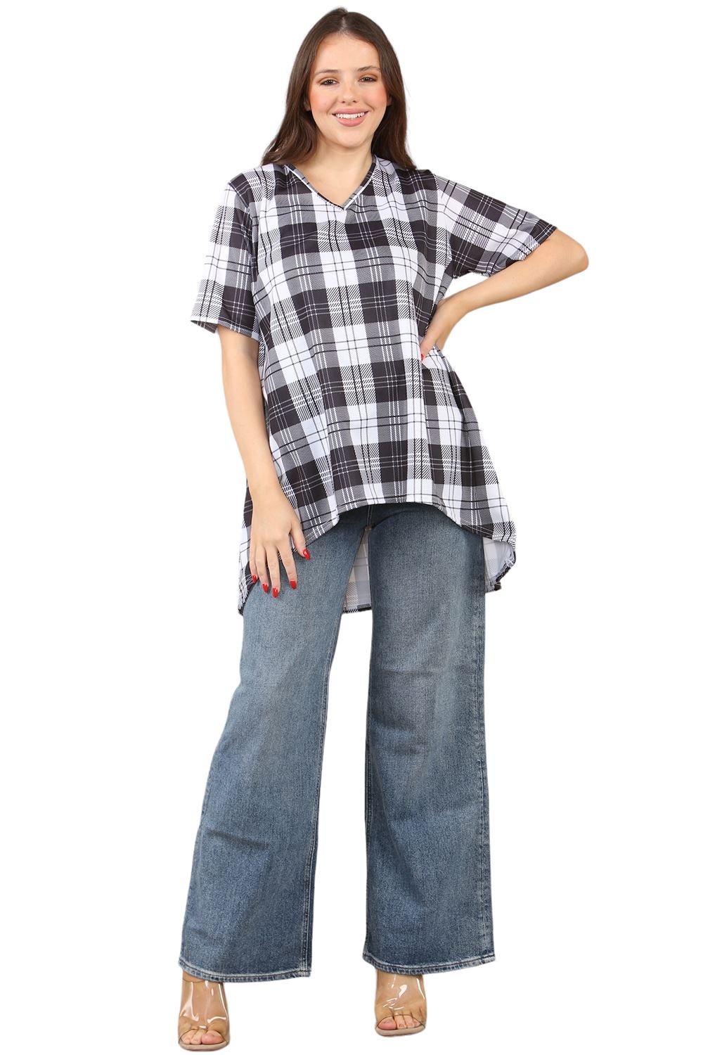 Womens Ladies V-Neck Short Sleeve Long Swing High Low Dipped Hem T-Shirt Top - Picture 5 of 40