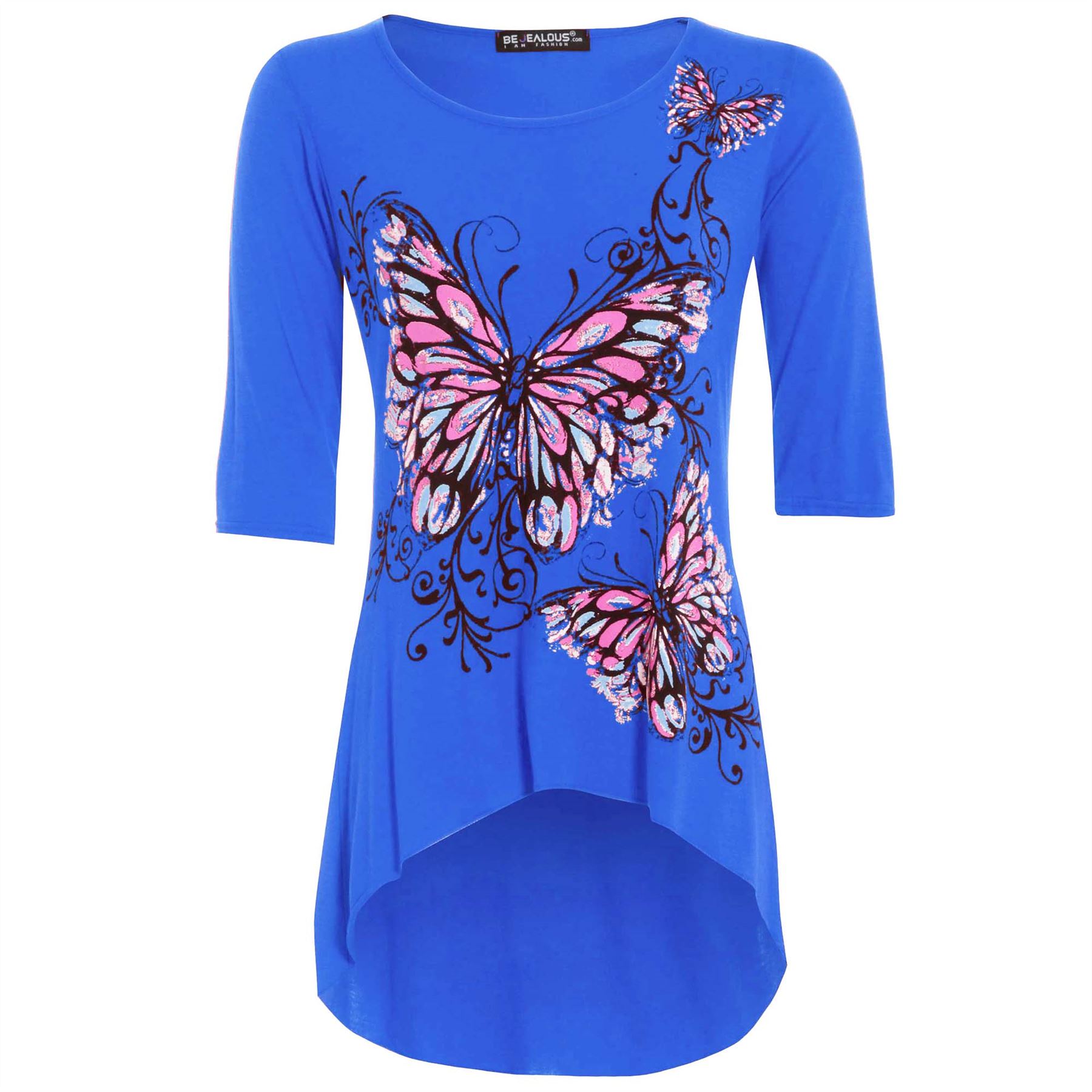 Womens Ladies 3/4 Sleeves Butterfly Print Dip Hem High Low Tunic Top Plus Size eBay