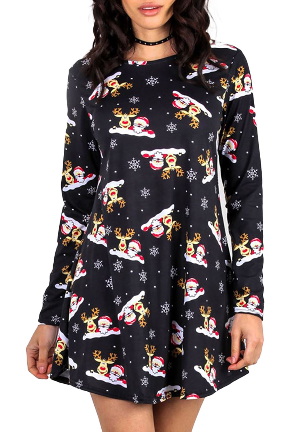 Womens Ladies Xmas Santa Gifts Snowman Christmas Printed Skater Mini Swing Dress - Picture 7 of 35
