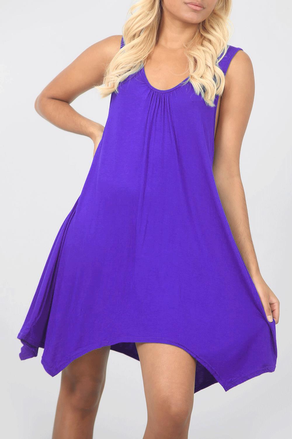 Mini Sleeveless Hanky Hem Stretchy Ruched Top Flared Womens Swing Dress - Picture 4 of 14