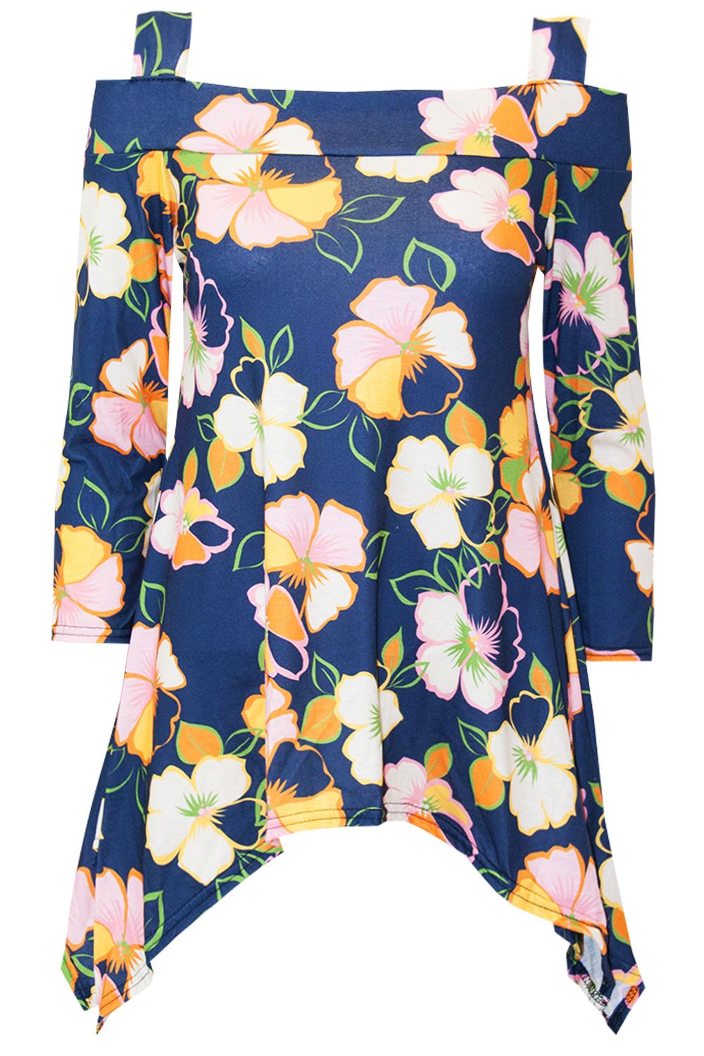 Womens Ladies Floral Long Sleeve Wide Strap Cold Cut Out Shoulder Hanky Hem Top - Picture 2 of 23