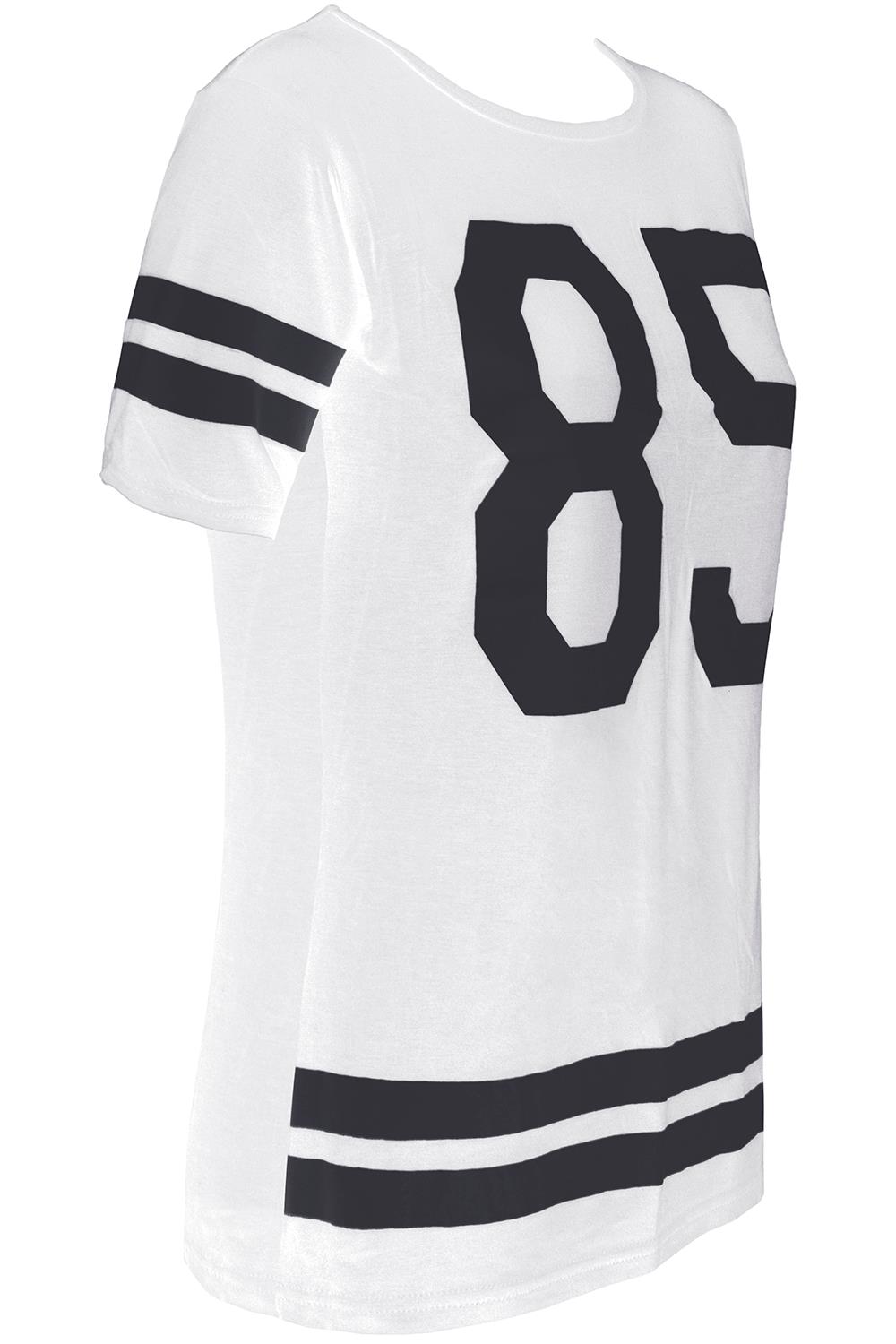 UK 12-14 , WHITE NEW WOMENS AMERICAN JERSEY FOOTBALL TOP 85 PRINT VARSITY COLLEGE T SHIRT 8-14 M//L