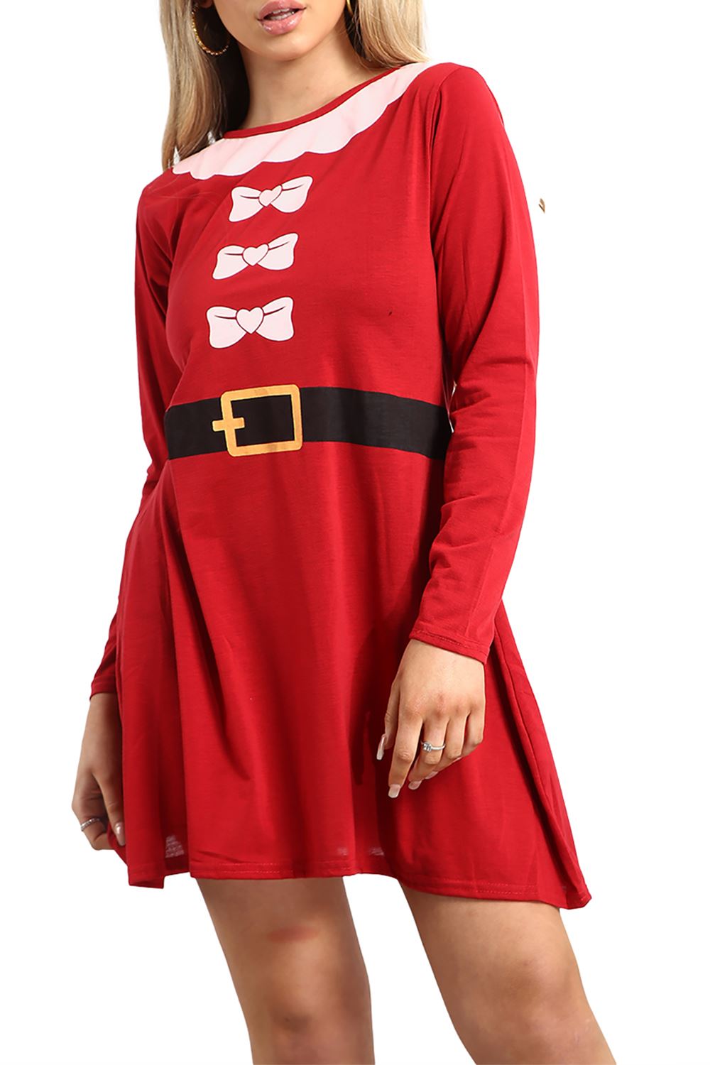 Womens Ladies Santa Costume Belted Candy stick Round Neck Christmas Swing Dress - Picture 62 of 86