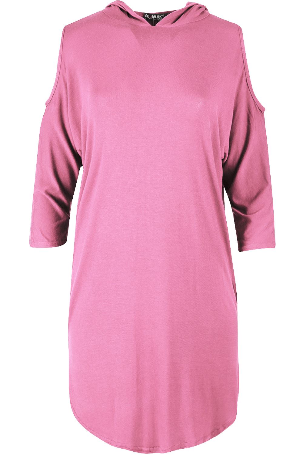 Ladies 3/4 Sleeve Cold Cut Shoulder Womens Hooded Hoody Mini Curved Hem Dress - Picture 4 of 28