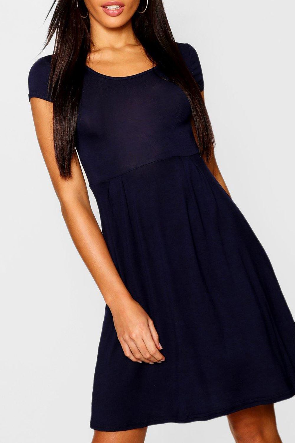 Womens Ladies Round Neck Cap Sleeve Skater Swing Dress Pleated Flared Mini Dress