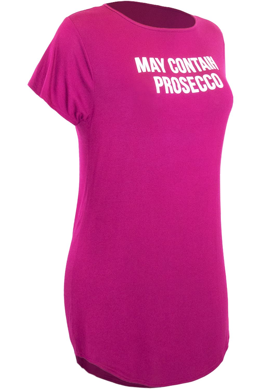 Plus Size Ladies Womens Short Sleeve CONTAINS PROSECCO Curved Hem T Shirt Dress