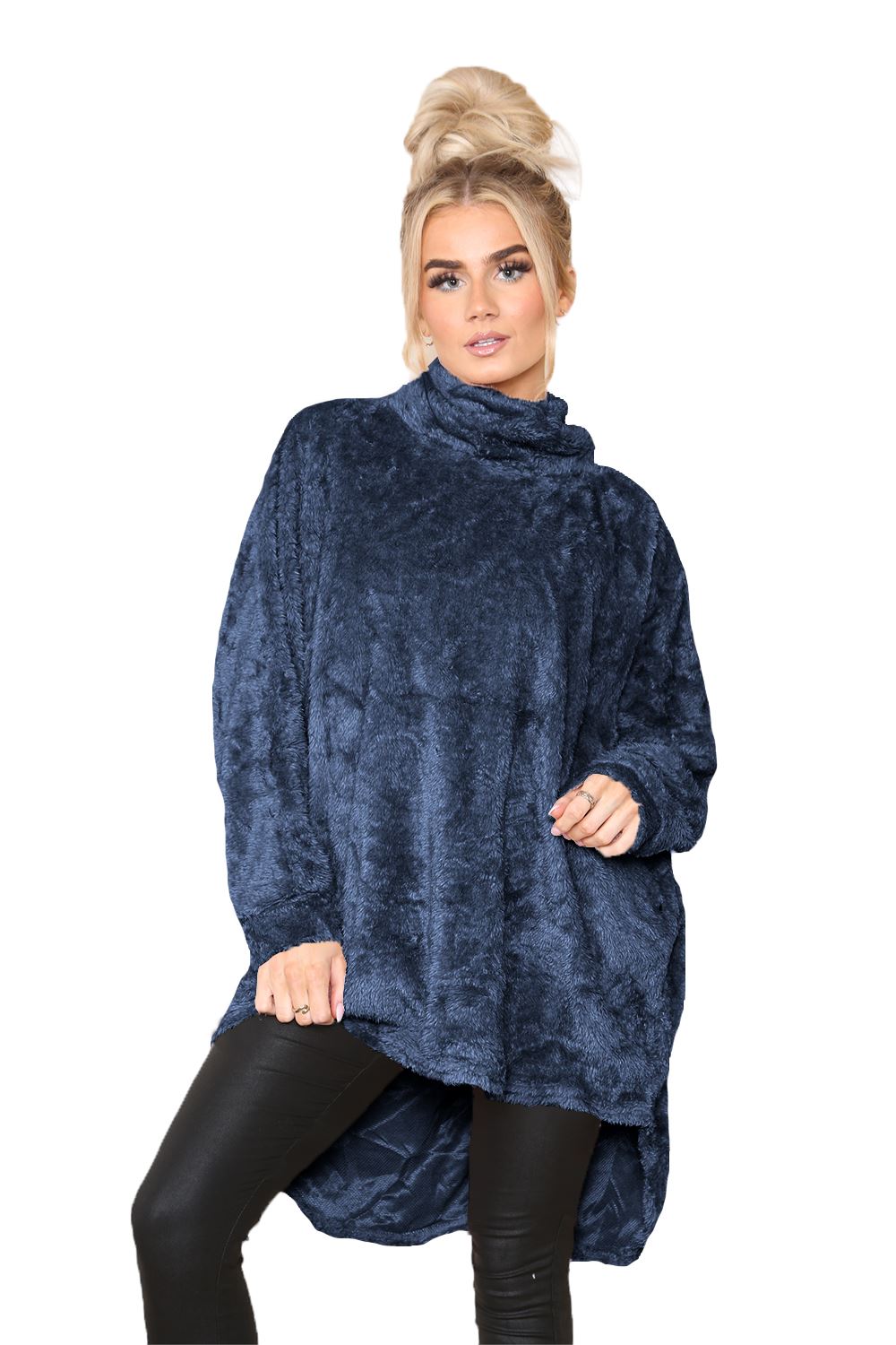 Womens Ladies Fleece Turtle Cowl Neck Baggy Long Sleeve Fluffy Faux Fur Jumper - Picture 3 of 12