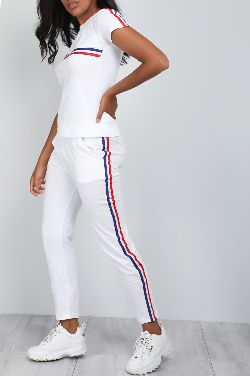 Womens Ladies Sweatshirt Striped Top Pants Tracksuit Cap Sleeve Lycra 2 Piece