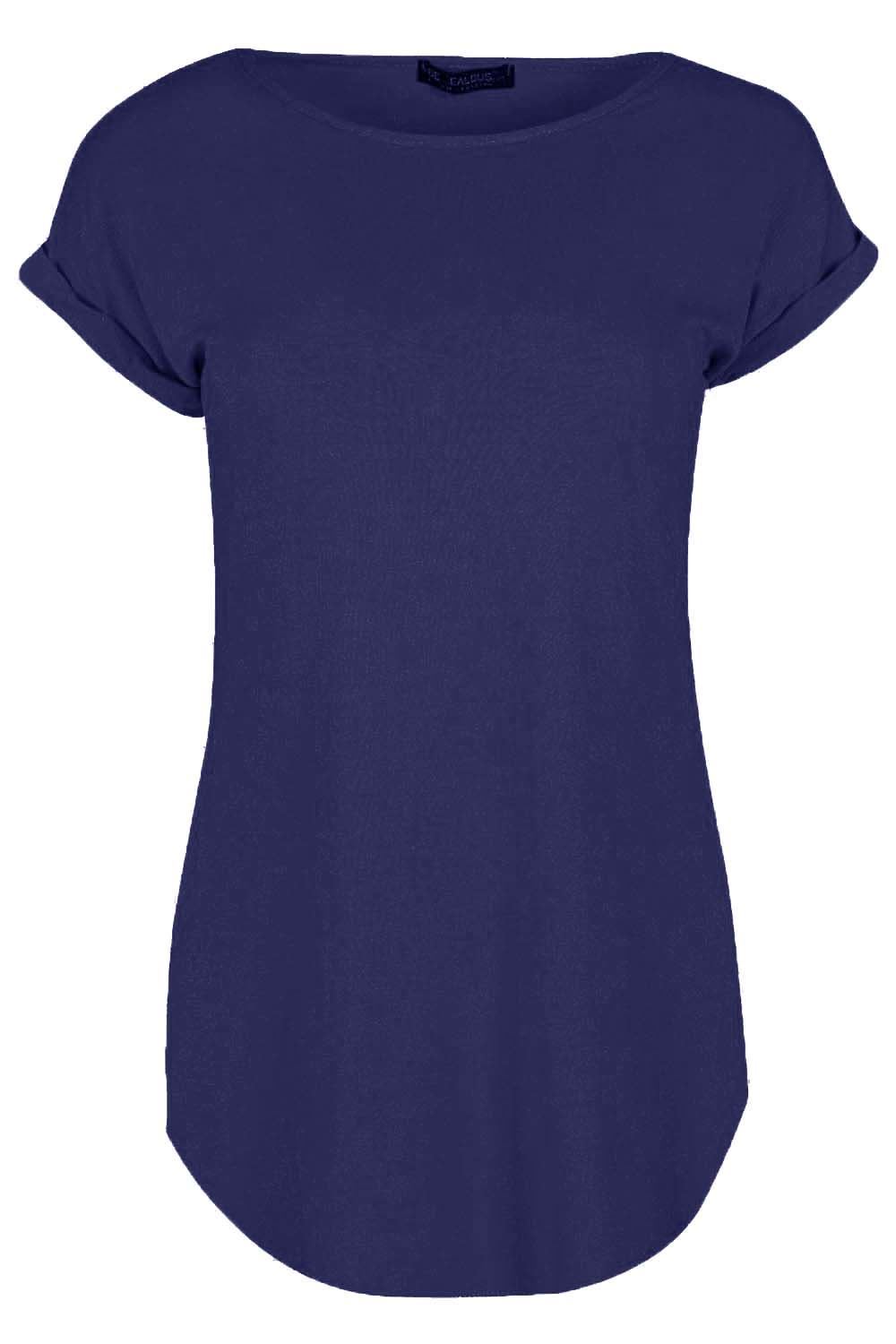 Womens Ladies Turn Up Sleeve Round Neck Curved Hem Bonjour Jersey T-Shirt Top - Picture 14 of 49