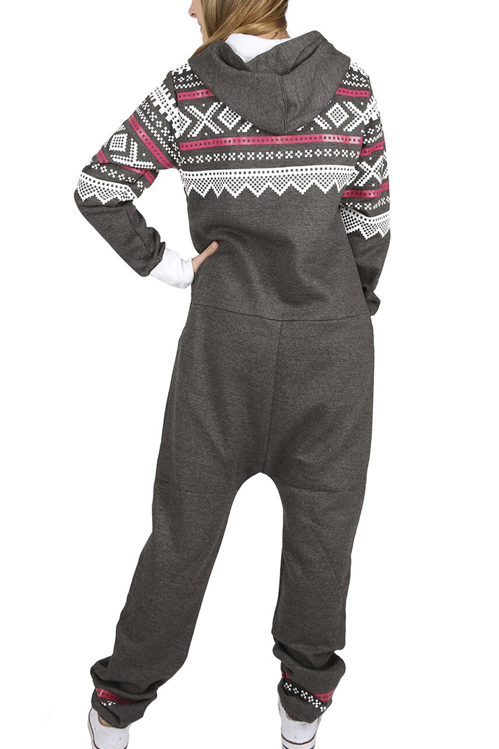 Womens Ladies Aztec Printed Hooded Jumpsuits Long sleeve Zip Up Pajamas