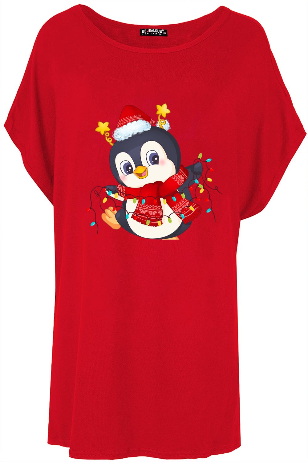 Womens Christmas Santa Oversized Top Ladies Baggy Batwing One Shoulder T Shirt - Picture 6 of 15