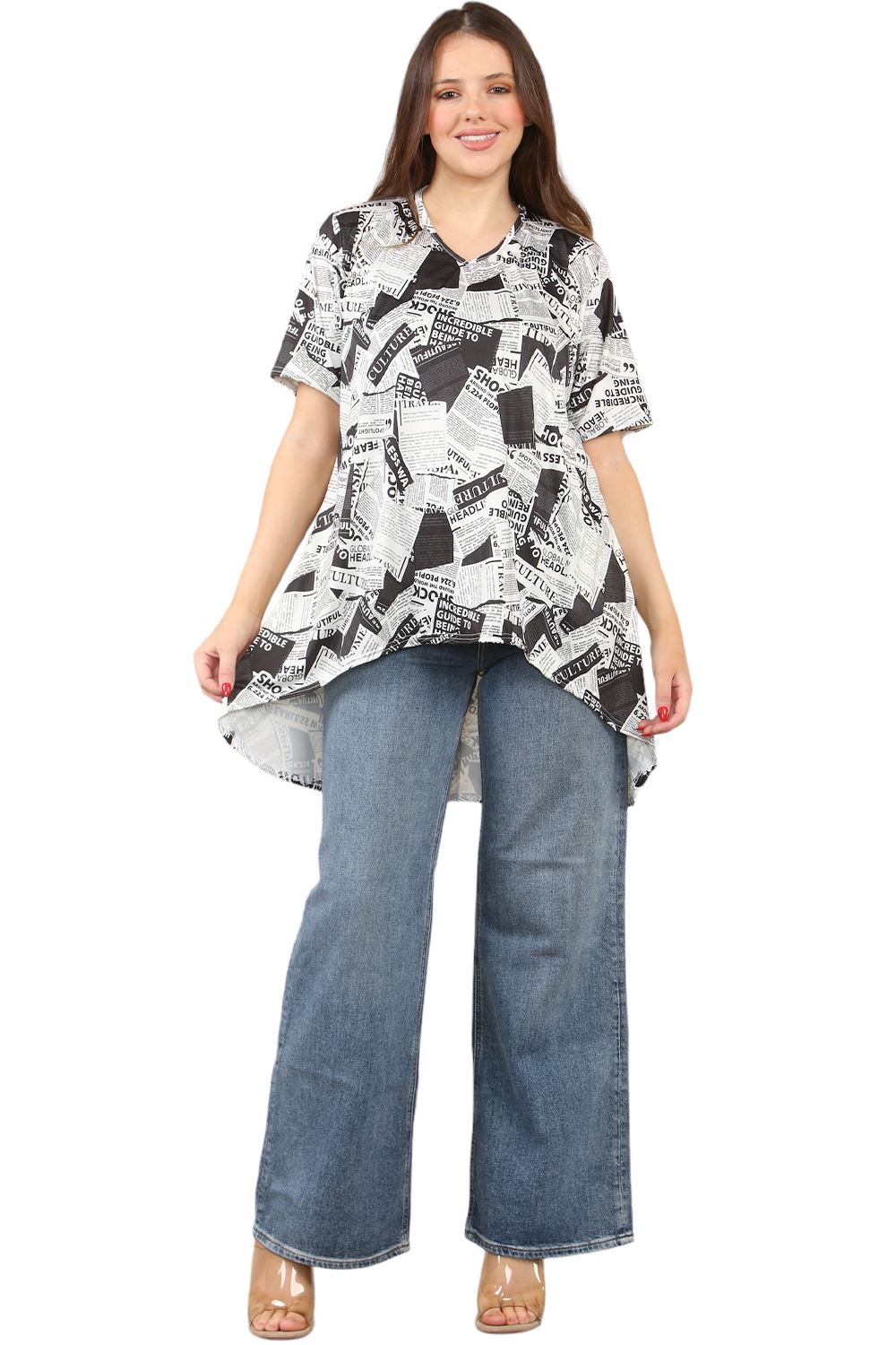 Womens Ladies V-Neck Short Sleeve Long Swing High Low Dipped Hem T-Shirt Top - Picture 20 of 40