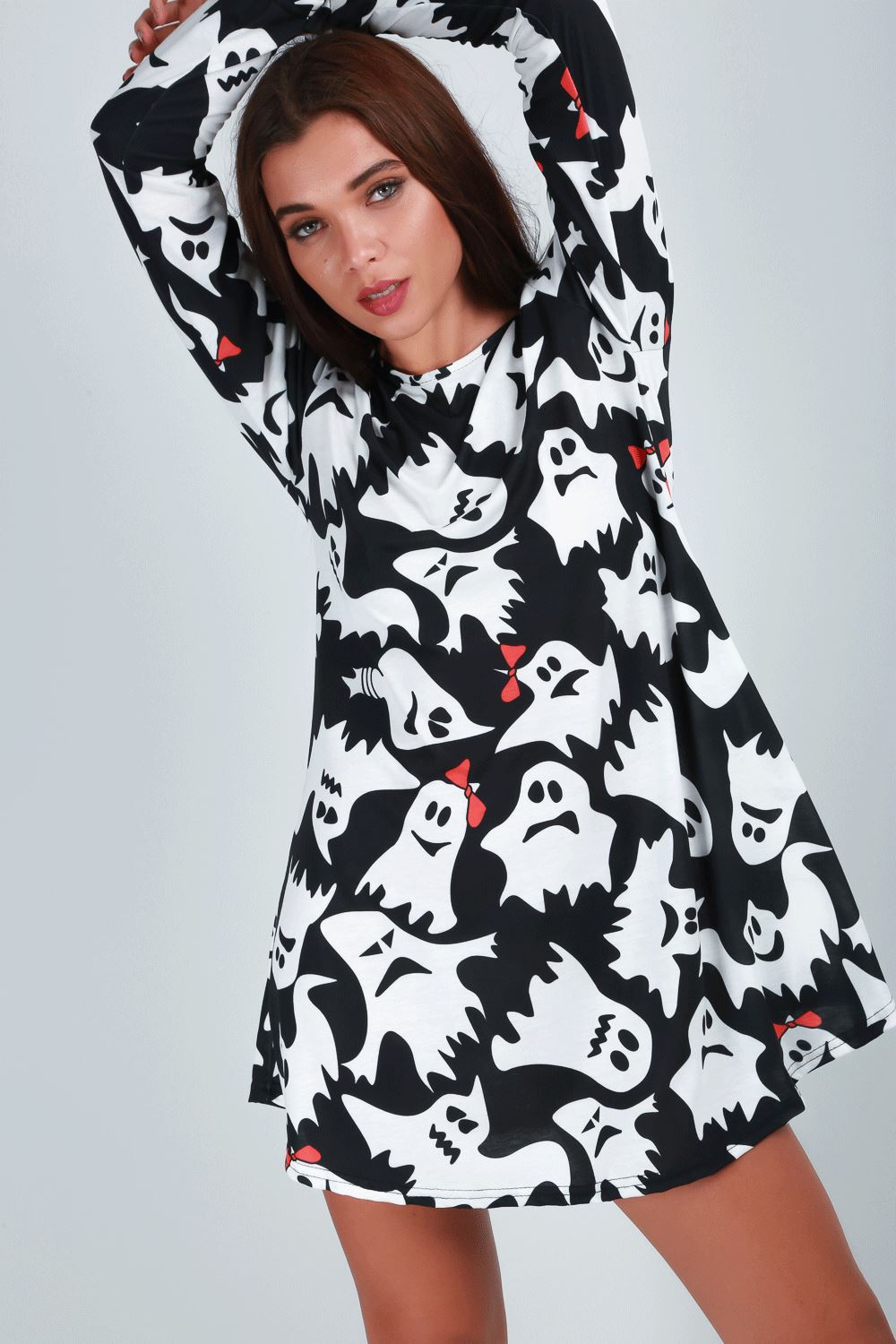 Ladies Womens Skeleton Spider Pumpkin Hallowen Skeleton Smock Swing Mini Dress - Picture 12 of 43