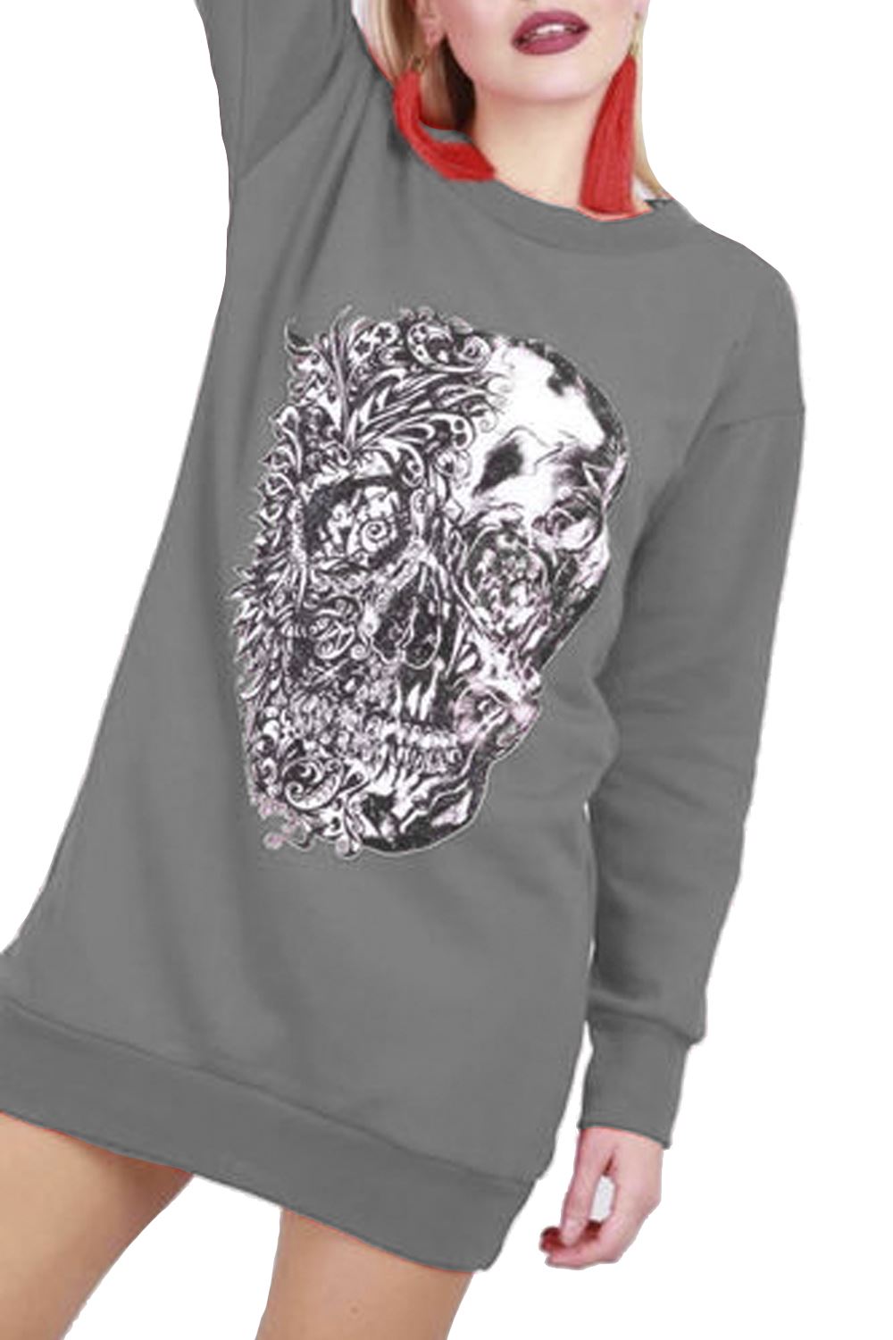 Womens Ladies Flowers Skull Fleece Halloween Long Sweatshirt Tunic Mini Dress - Picture 13 of 22