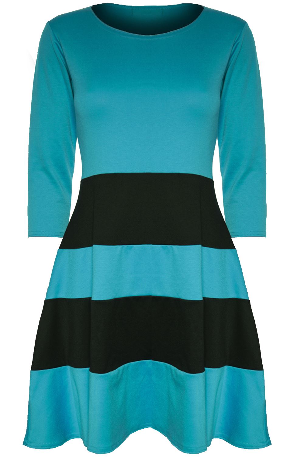 Womens Ladies 3//4 Sleeve Block Stripe Panel Flared Franki Skater Dress Plus Size