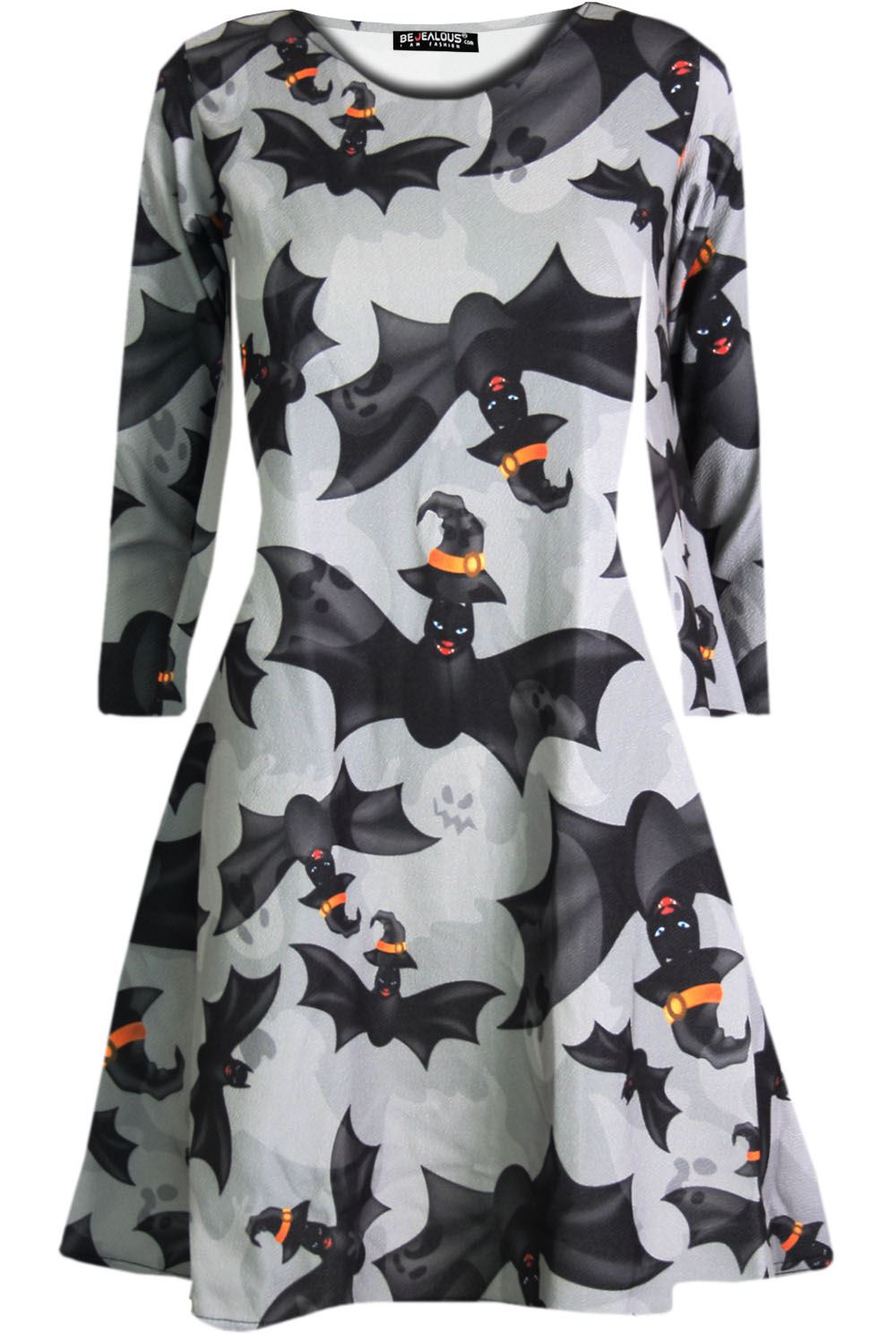 Ladies Long Sleeve Spider Skeleton Halloween Smock Pumpkin Womens Swing Dress - Picture 50 of 52