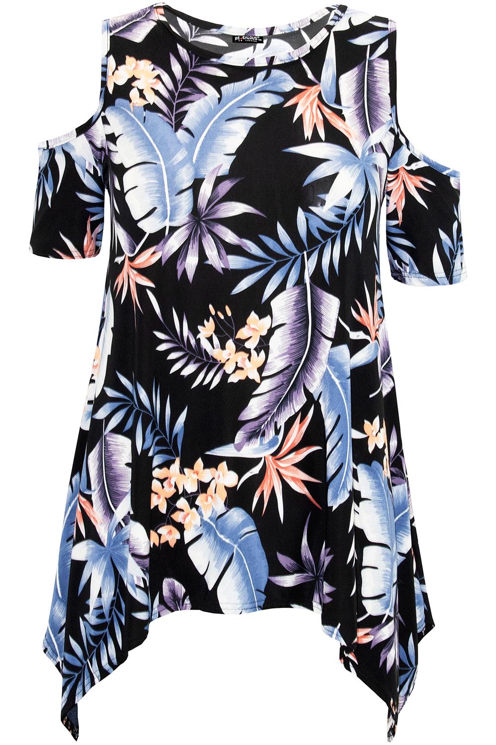 Womens Ladies Floral Long Sleeve Wide Strap Cold Cut Out Shoulder Hanky Hem Top - Picture 21 of 23