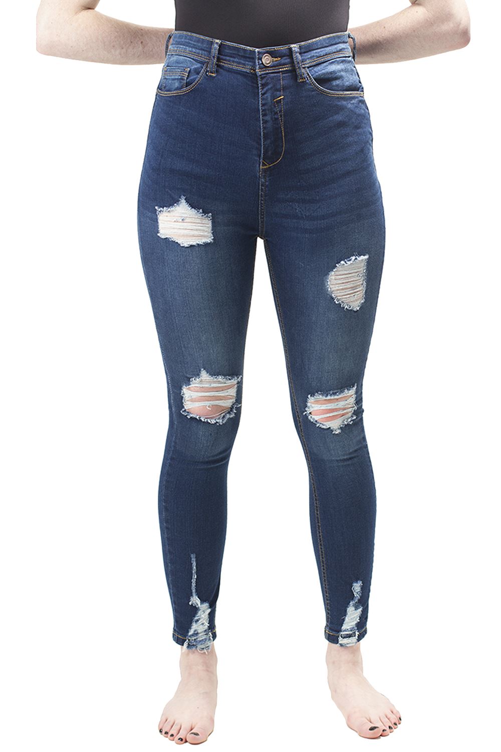 Jeans en denim déchiré femme taille haute détresse extensible maigre coupe  genou