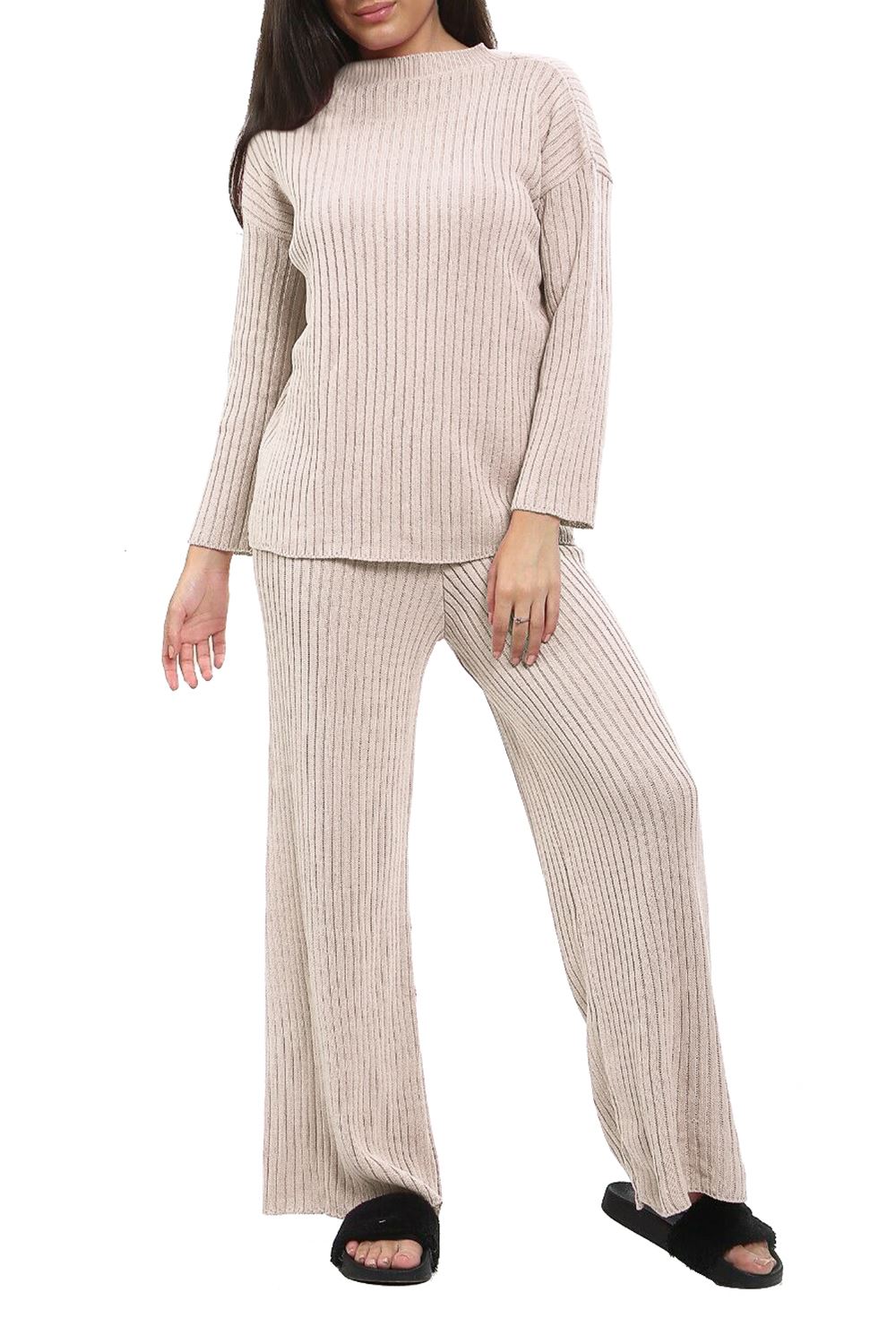 Womens Ladies Round Neck Top Rib Knit Bottom Lounge Wear Palazzo Tracksuit  Set | eBay