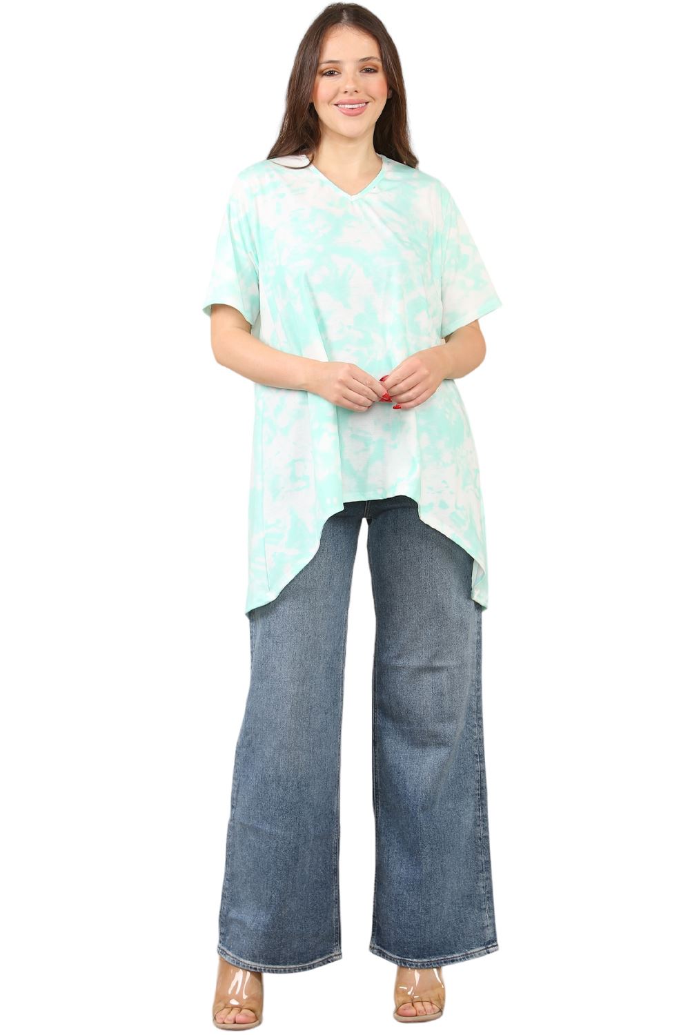 Womens Ladies V-Neck Short Sleeve Long Swing High Low Dipped Hem T-Shirt Top - Picture 32 of 40