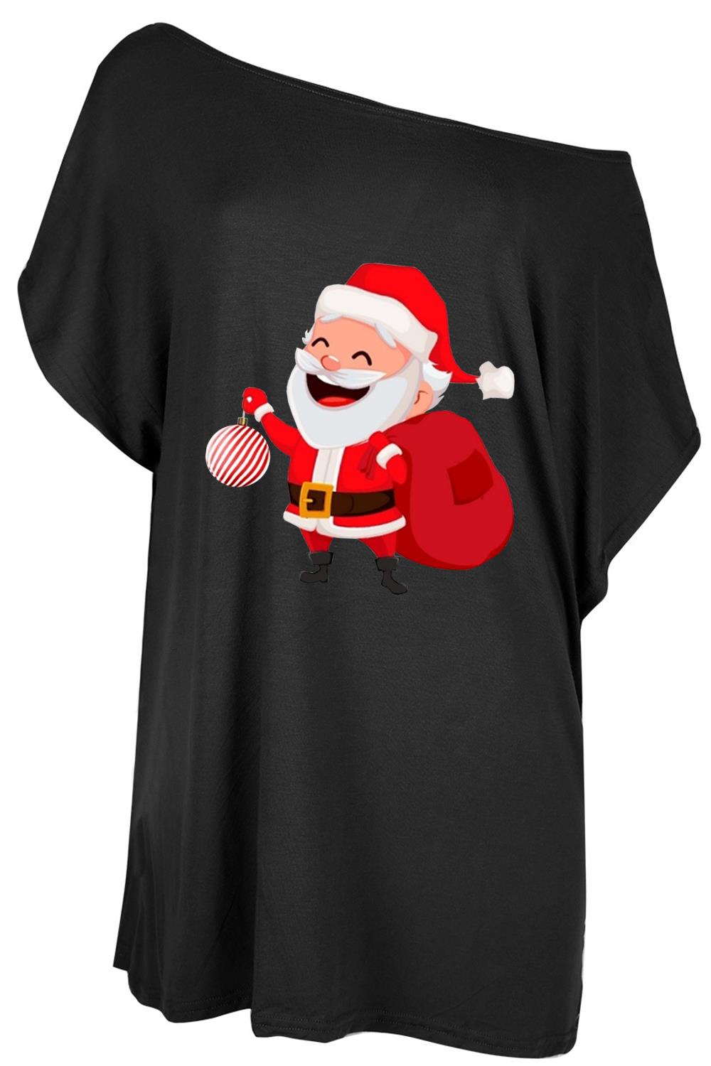 Womens Christmas Santa Oversized Top Ladies Baggy Batwing One Shoulder T Shirt - Picture 2 of 15