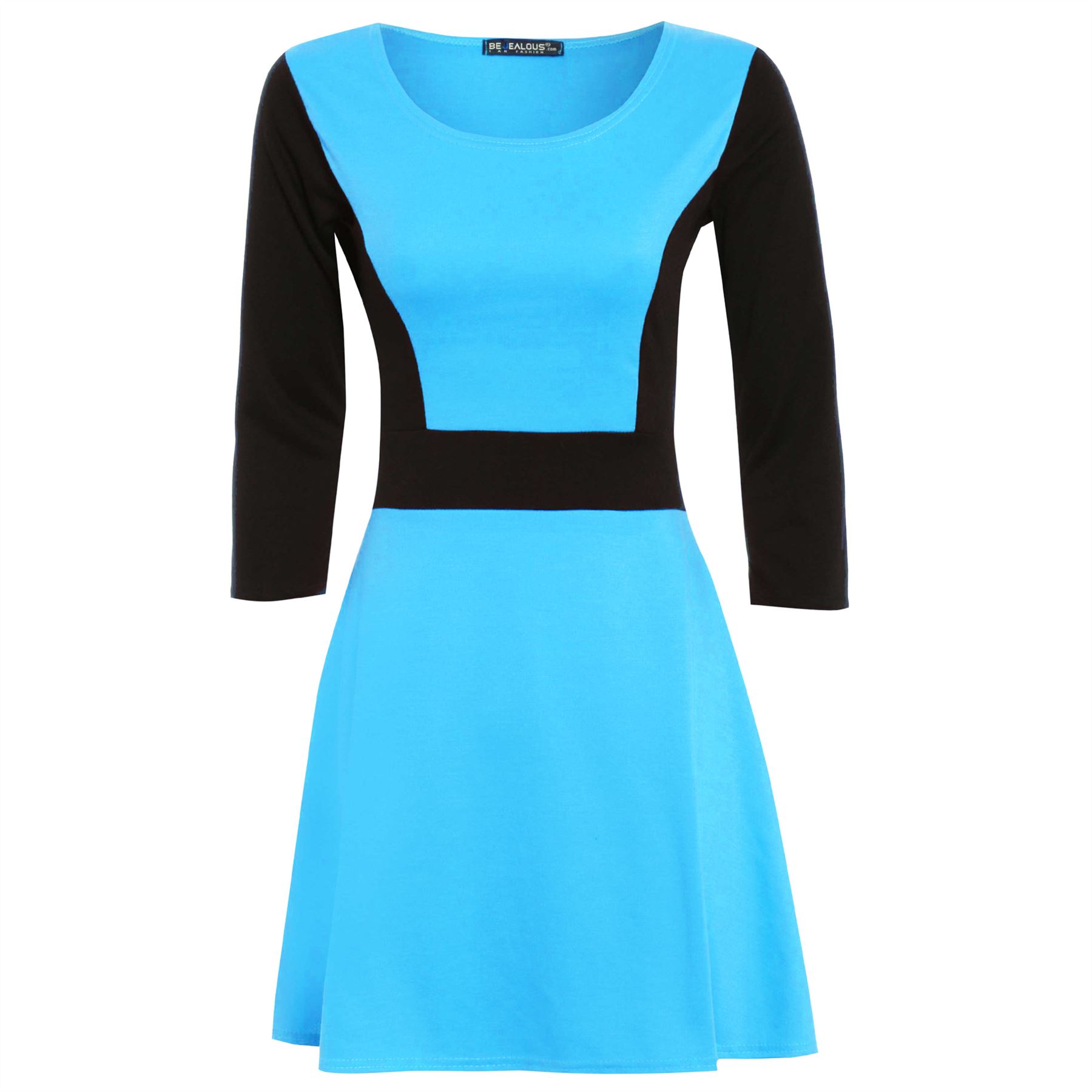 Women Ladies 3/4 Sleeve Slimming Effect Contrast Flared Skater Dress Plus Size - Picture 6 of 13