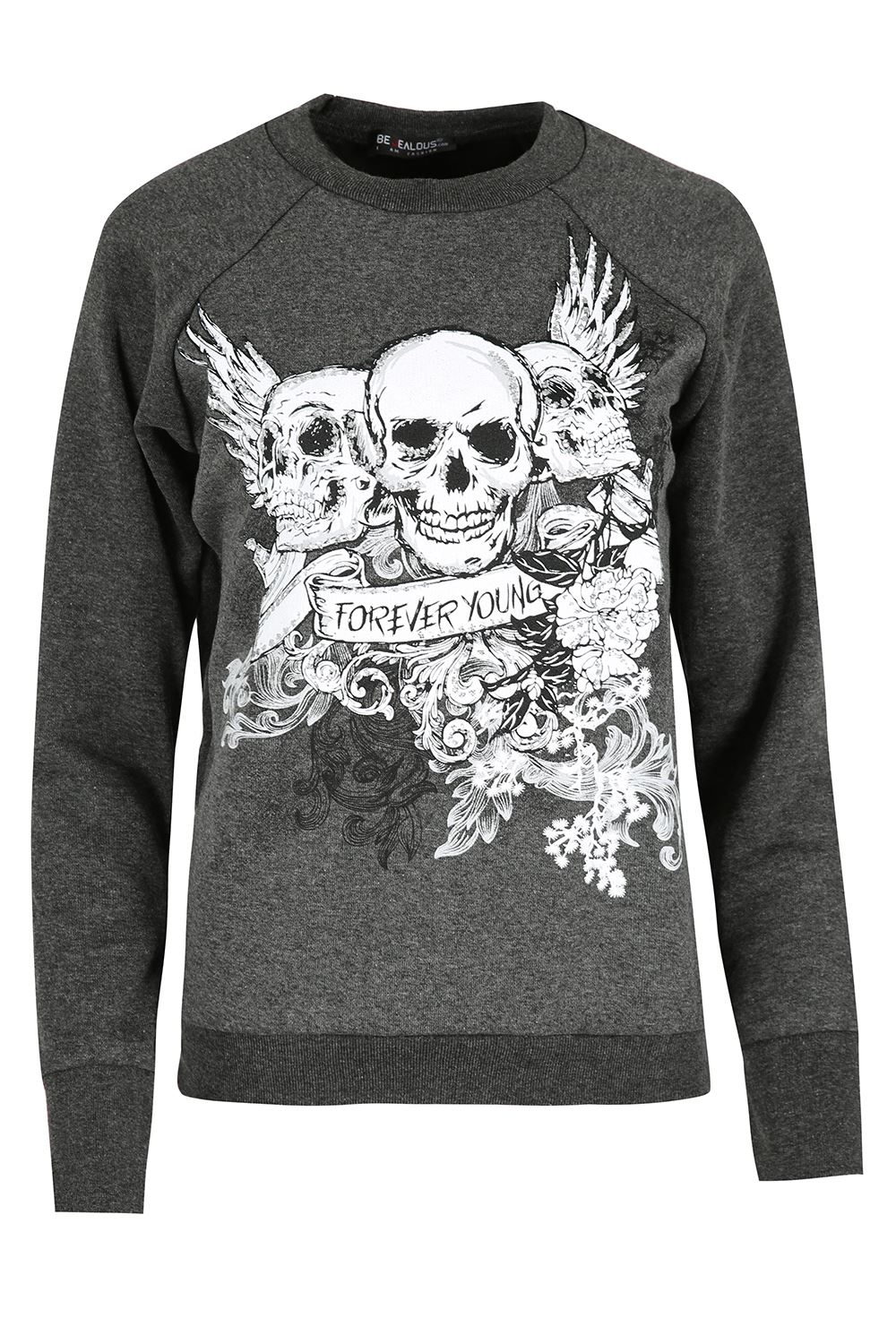 Womens Halloween Costume Tops Ladies Fancy Skull Forever Young Fleece Sweatshirt - Picture 8 of 9