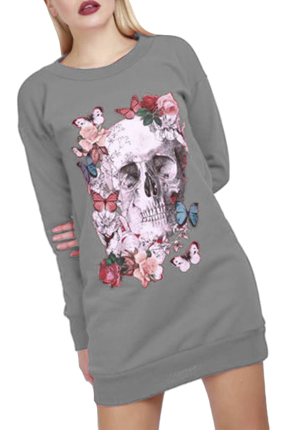 Womens Ladies Flowers Skull Fleece Halloween Long Sweatshirt Tunic Mini Dress - Picture 9 of 22