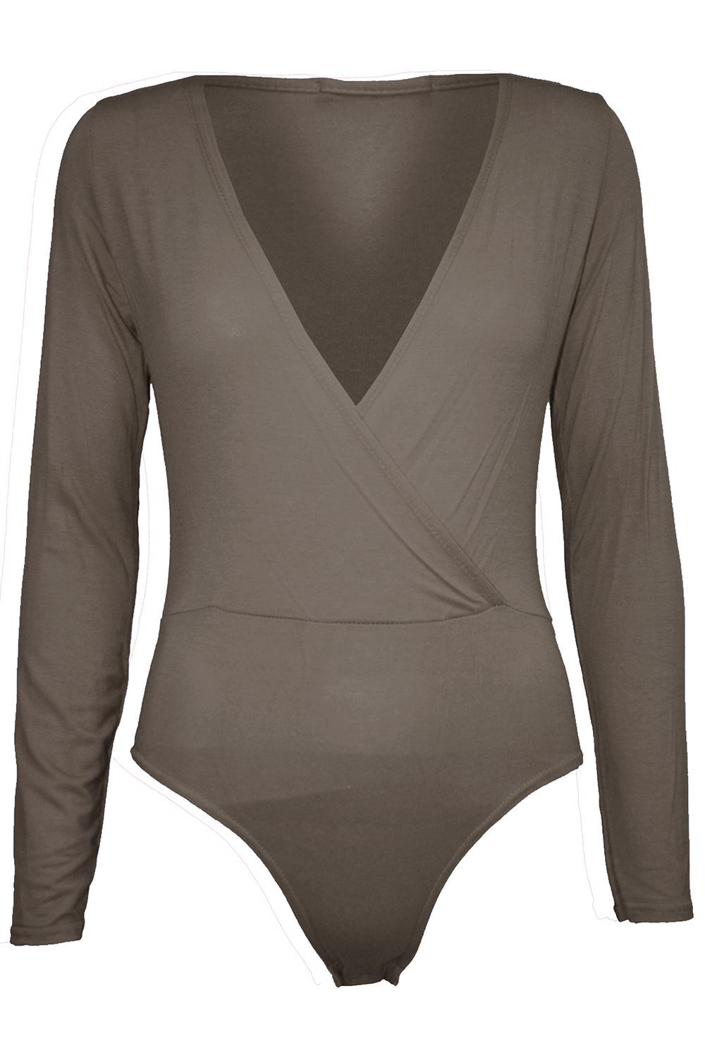 Ladies Womens Deep Plunge Plain Full Sleeve Wrap Cross Bodysuit Leotard Top