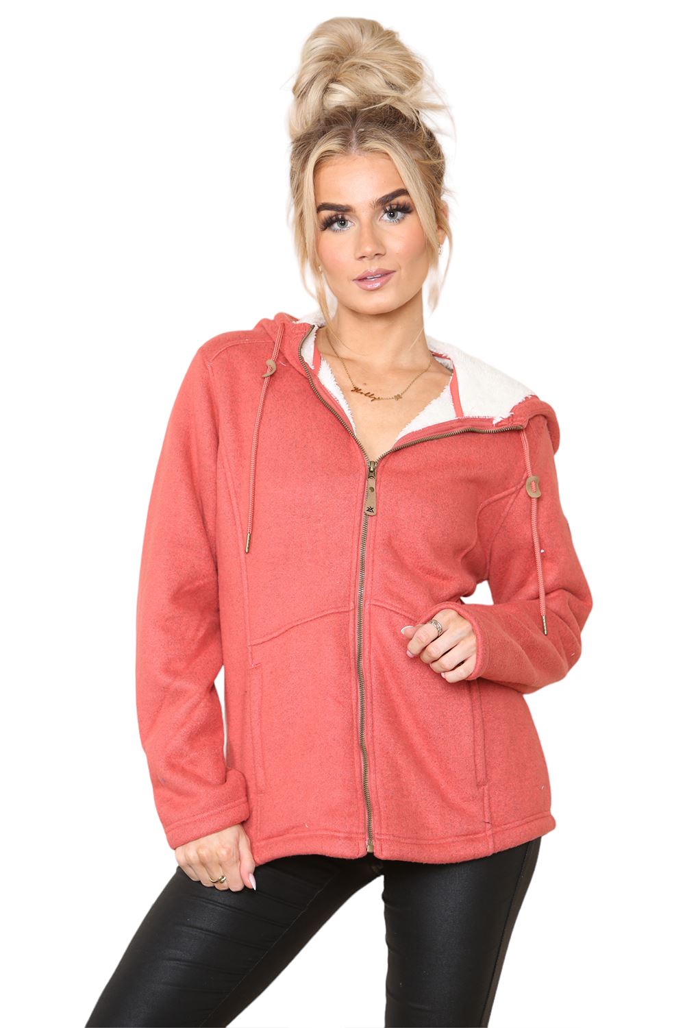 Womens Hooded Sweatshirt Plain Long Sleeve Oversize Ladies Zipper Fleece Jumper - Picture 5 of 11