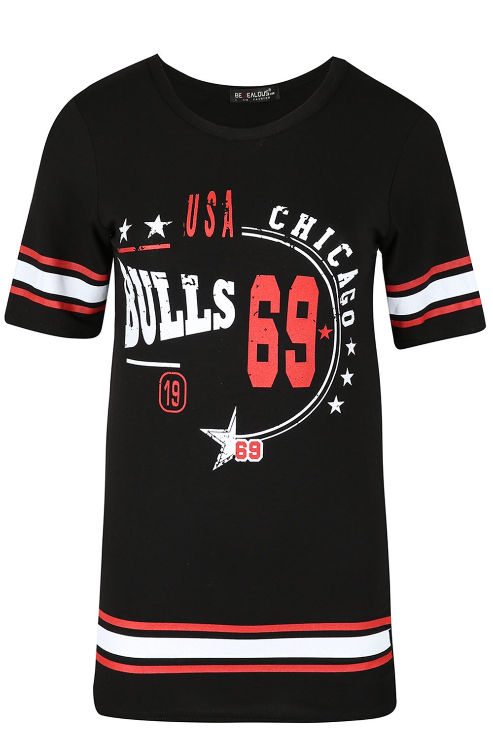 Kids Varsity Baggy Bull 69 Print Short Sleeve Sports Stripe Baseball T