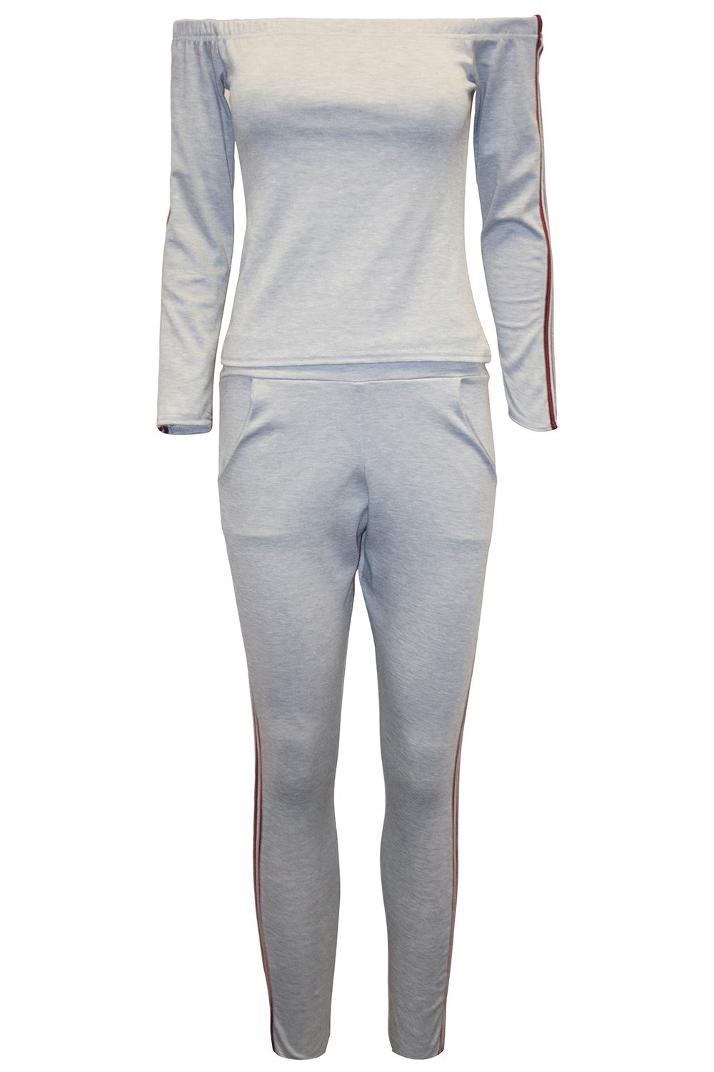 Ladies Off Shoulder Lounge wear Sports Womens Jogsuit Side Stripes Tracksuit Set - Picture 5 of 7