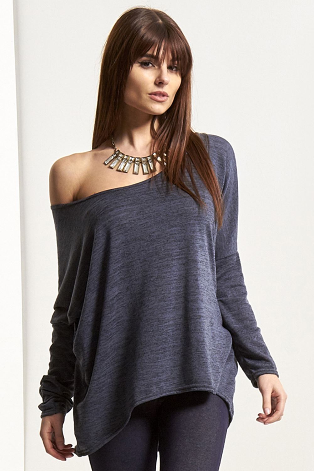 Womens Plain Slash Neck Oversized Baggy Top Ladies Off Shoulder Bardot T Shirt | eBay