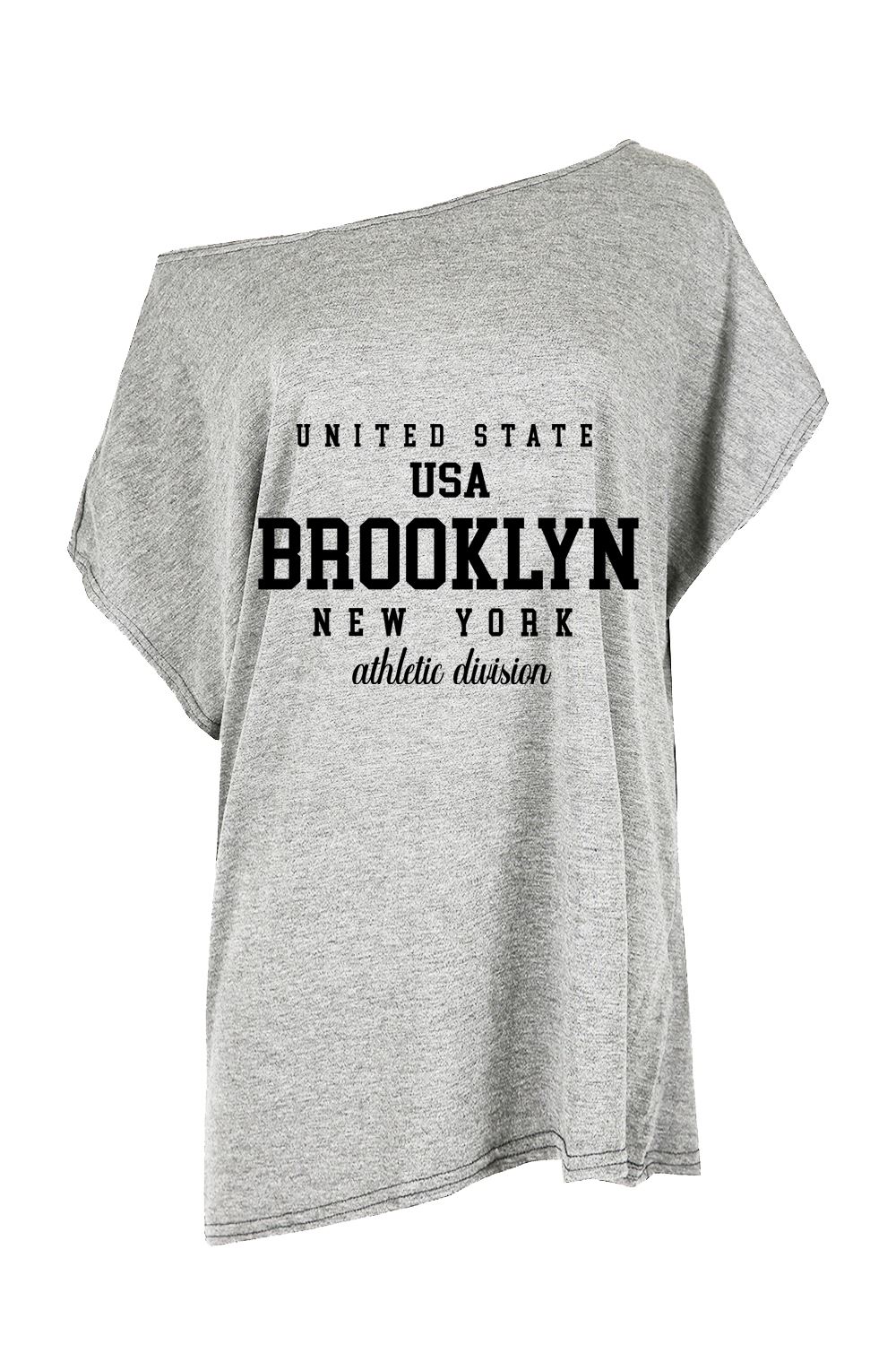 Womens Brooklyn USA Slogan One Shoulder Oversized Batwing Sleeve Summer T Shirt - Picture 18 of 36