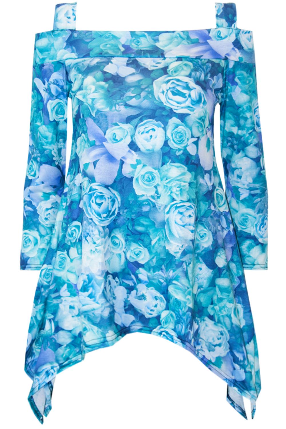 Womens Ladies Floral Long Sleeve Wide Strap Cold Cut Out Shoulder Hanky Hem Top - Picture 4 of 23