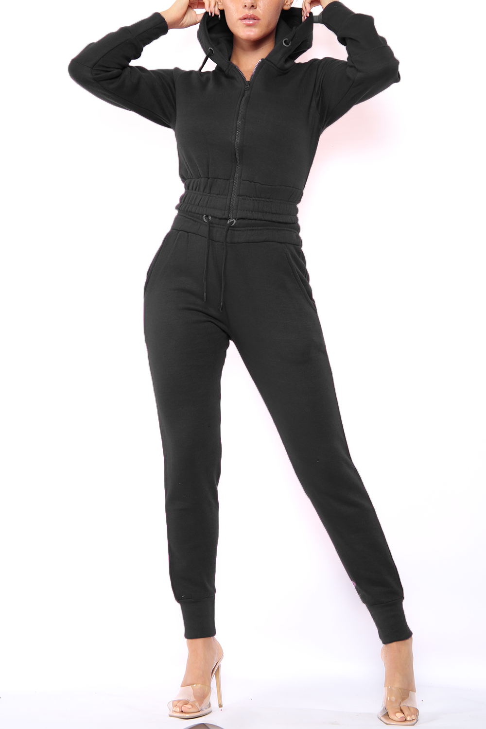 Womens Fleece Hooded Baggy Zip Crop Top Fleece Ladies Loungewear 2Pcs Trousers - Picture 5 of 16