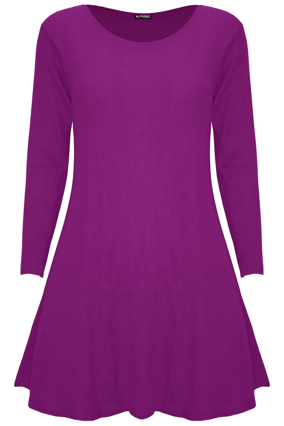 Womens Ladies Smock Ribbed Long Sleeve Stretchy A-Line Swing Flared Mini Dress - Picture 8 of 13