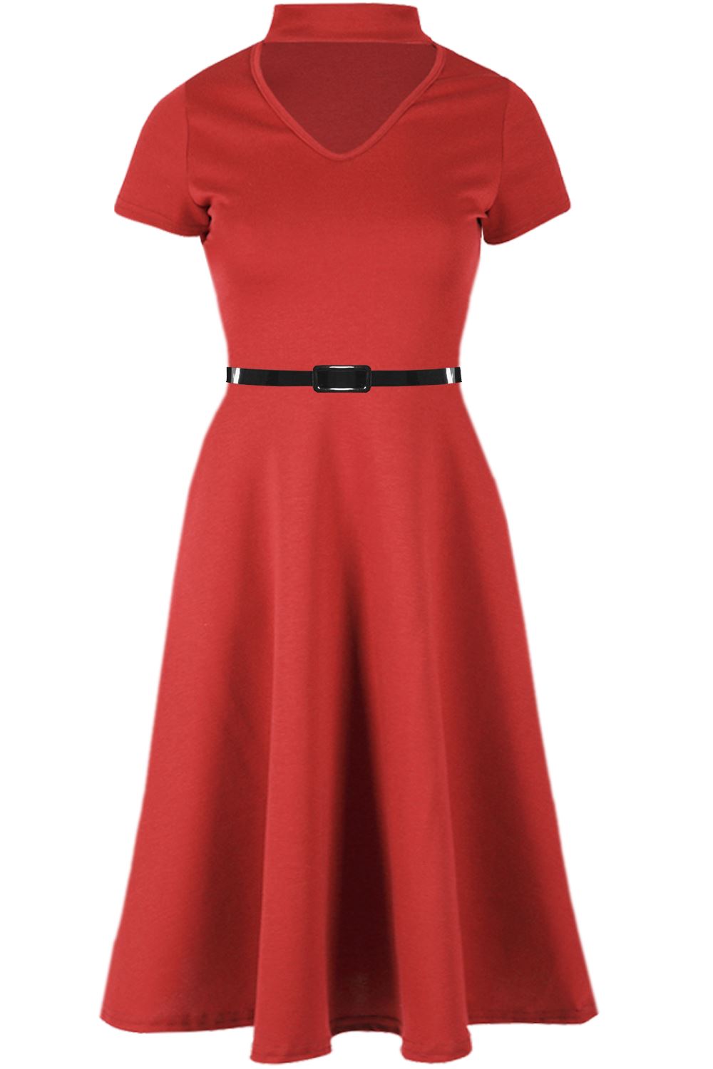 Womens Skater Dress Ladies Belted Cap Sleeve Flared Swing Plus Size