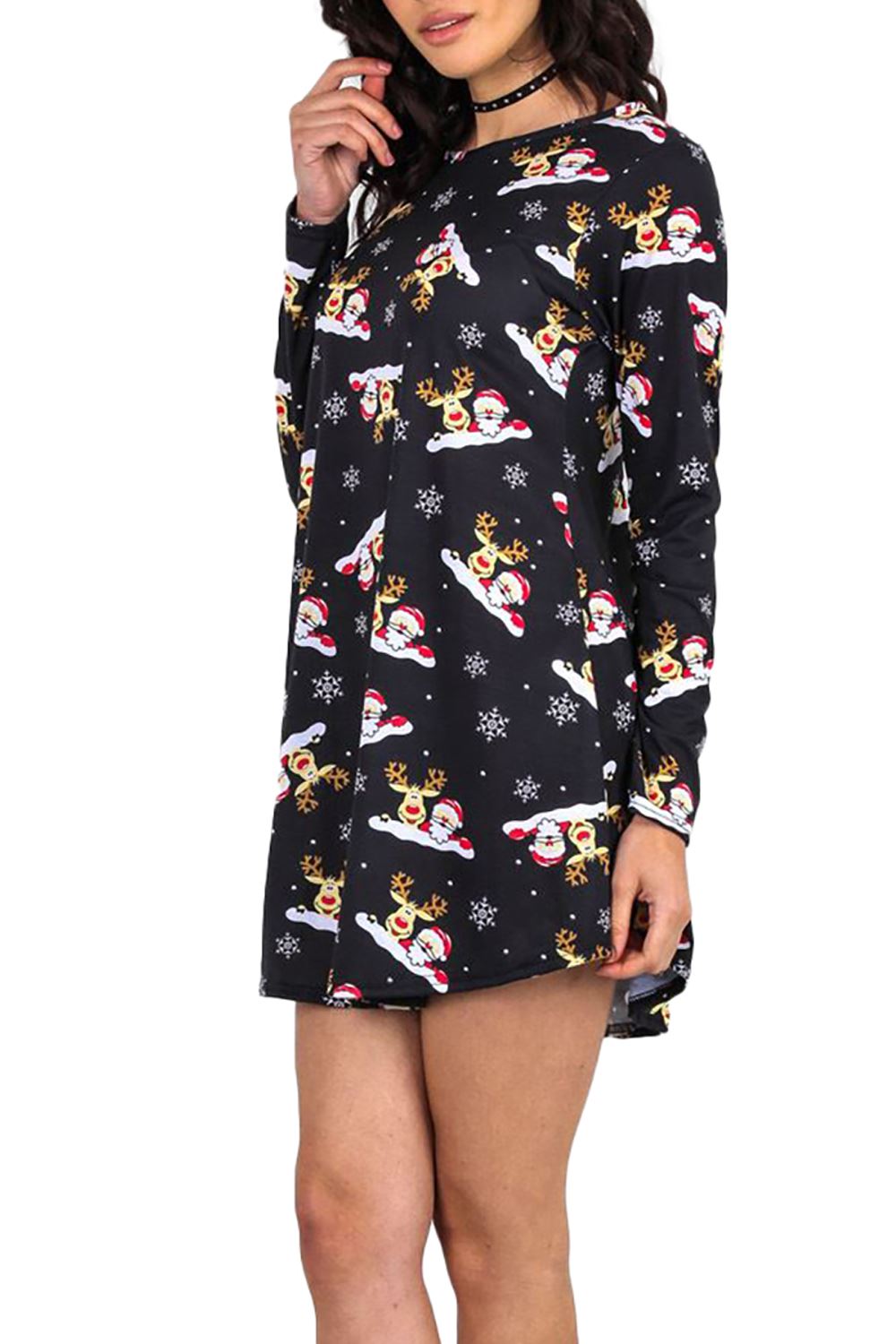 Womens Ladies Xmas Santa Gifts Snowman Christmas Printed Skater Mini Swing Dress - Picture 8 of 35