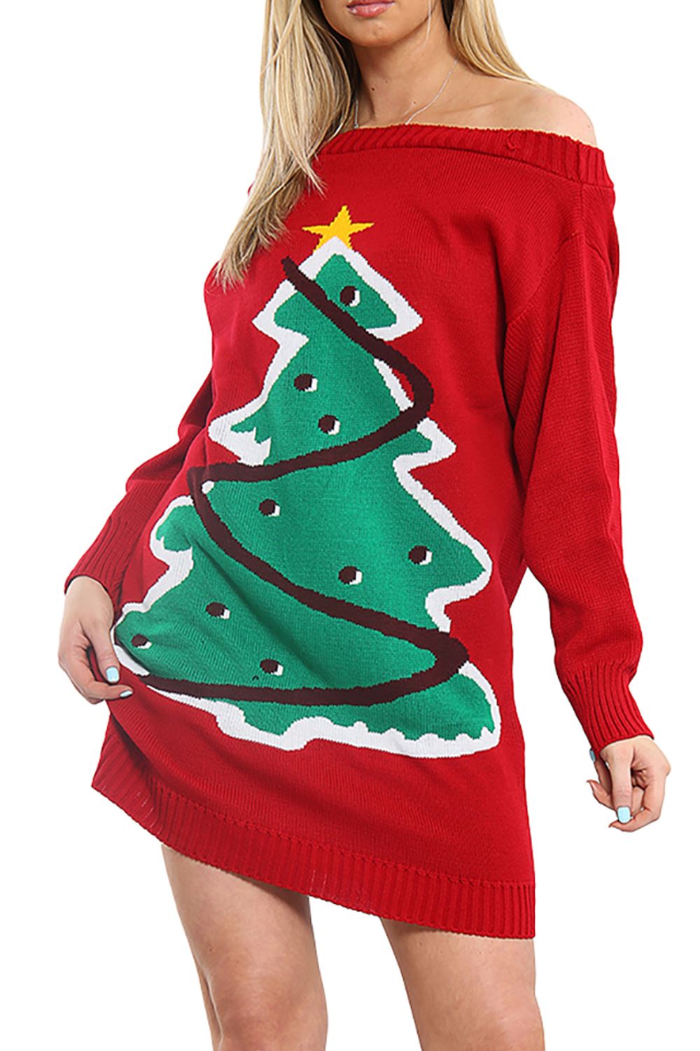 Womens Off the Shoulder Mummy Christmas Pudding Maternity Chunky Knit Mini Dress - Picture 16 of 33