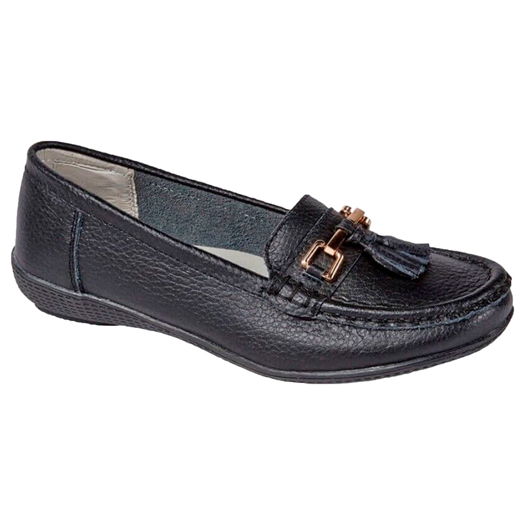 Ladies Wide Fit Shoes Slip On Womens Memory Foam Work Leather Loafer Shoe Size - Picture 4 of 40