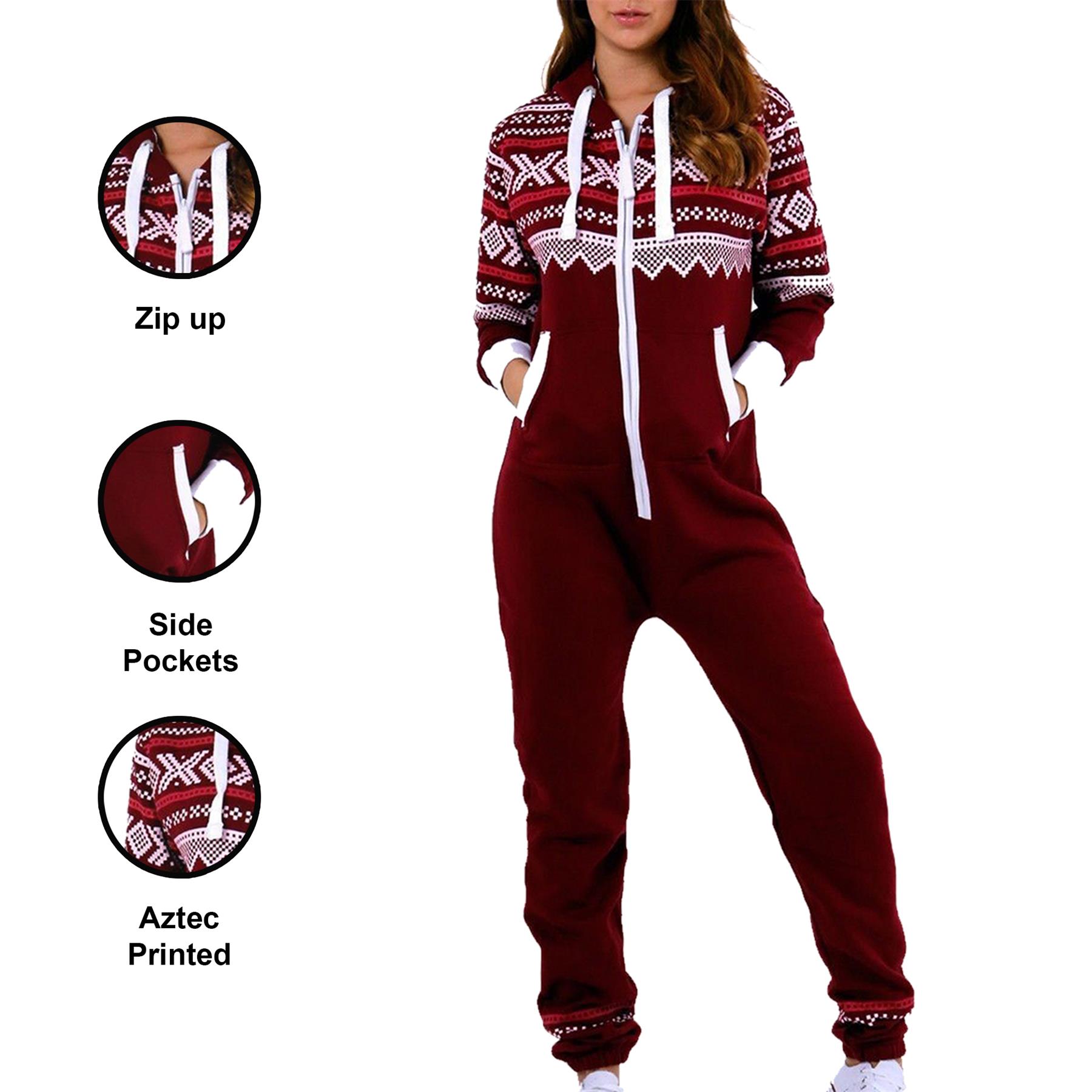 Womens Ladies Aztec Printed Hooded Jumpsuits Long sleeve Zip Up Pajamas