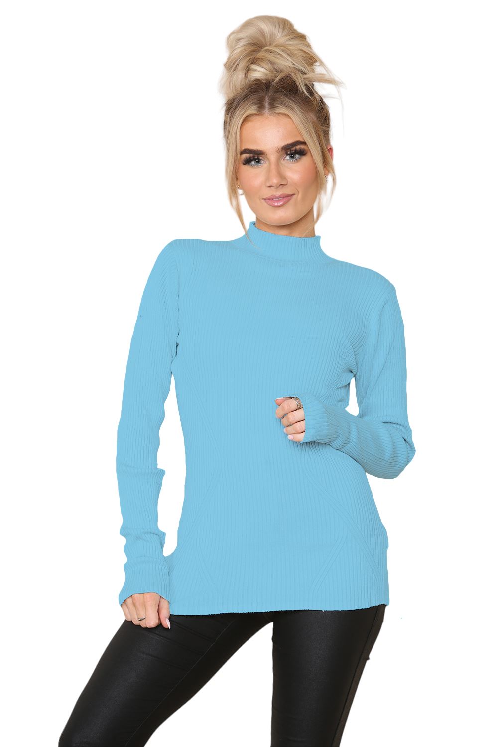 Womens Chunky Cable Ladies Polo Turtle High Neck Ribbed Pullover Long Jumper - Picture 5 of 10