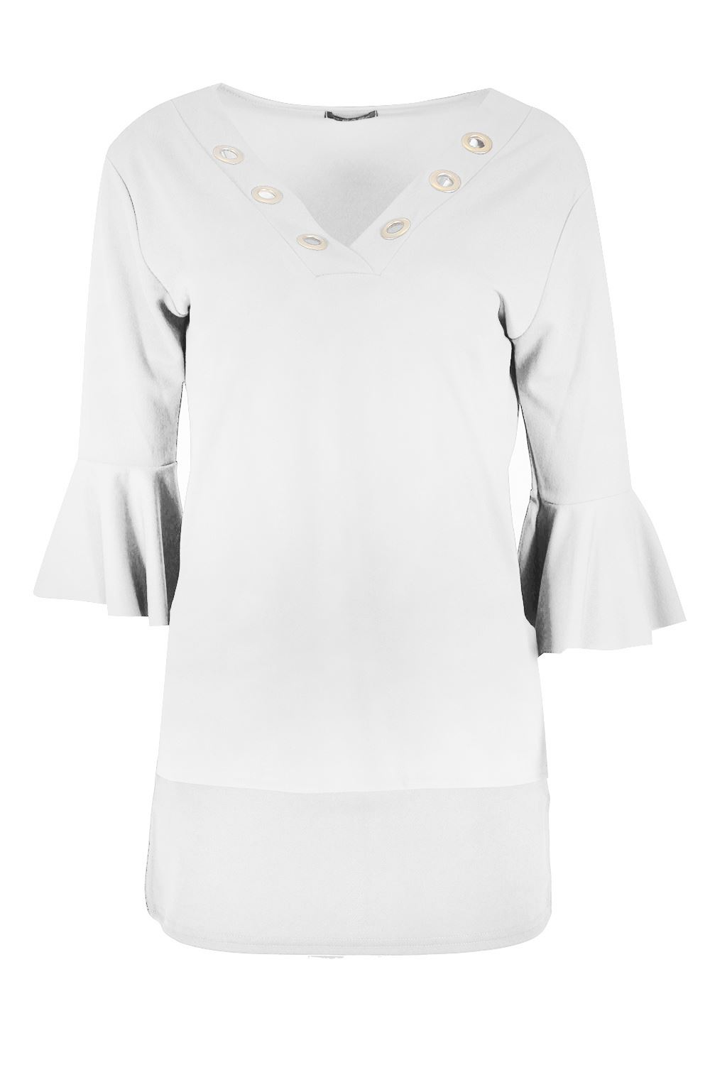 Womens Ladies V Wrap Neck Gold Eyelet Holes High Low Peplum Frill 3/4