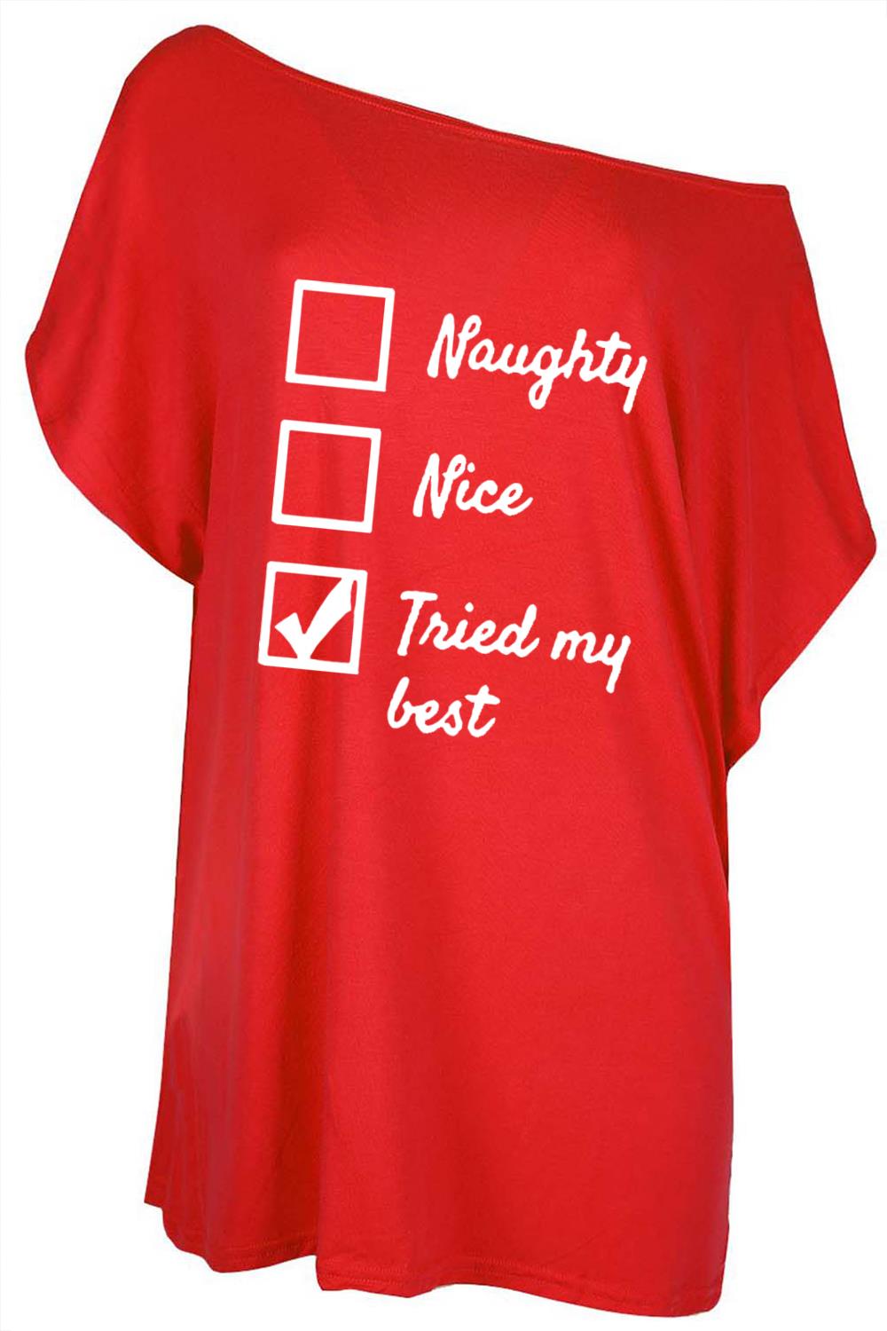 Womens Christmas Santa Oversized Top Ladies Baggy Batwing One Shoulder T Shirt - Picture 13 of 15