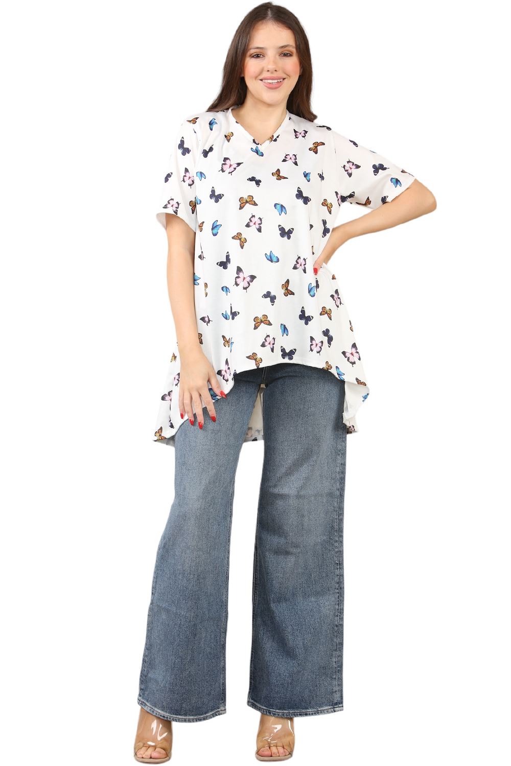 Womens Ladies V-Neck Short Sleeve Long Swing High Low Dipped Hem T-Shirt Top - Picture 11 of 40