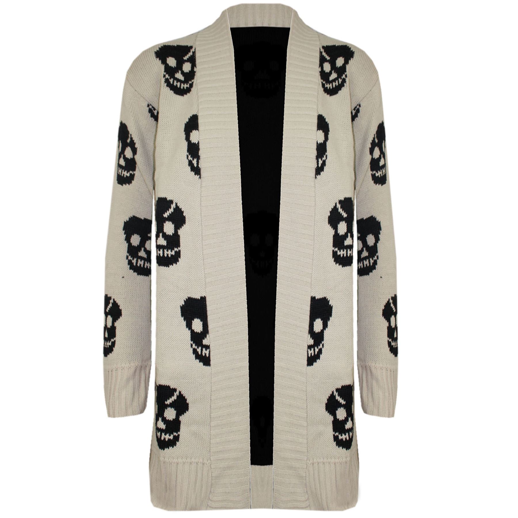 New Womens Ladies Skull Front Open Waterfall Sweater Long Knitted