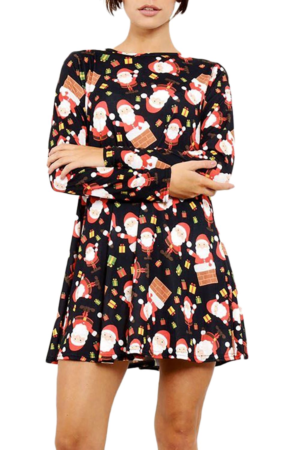 Womens Ladies Xmas Santa Gifts Snowman Christmas Printed Skater Mini Swing Dress - Picture 10 of 35